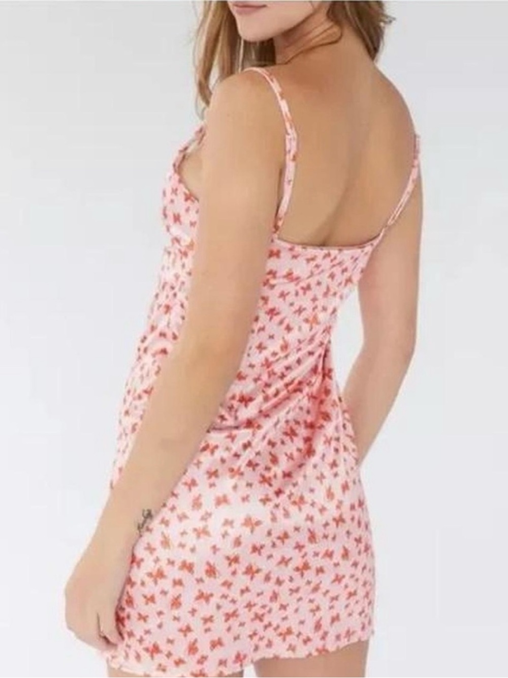 Urban Outfitters Pink and Coral Butterfly-Print Satin Dress